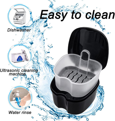 Black Denture Soaking Container, Waterproof Cleaning Case for Partial Denture, Retainer, with Strainer and Lid