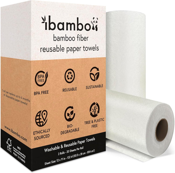 2 Rolls of Bamboo Reusable Paper Towels, Heavy Duty & Super Absorbent, Ecofriendly Machine Washable, 20 Sheets