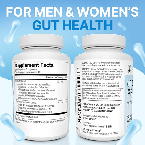 Dr. Berg 60 Billion Probiotic Supplement - Pre and Probiotics for Digestive Health, Occasional Constipation, Diarrhea, Gas & Bloating* - for Women & Men - 30 Probiotic Capsules