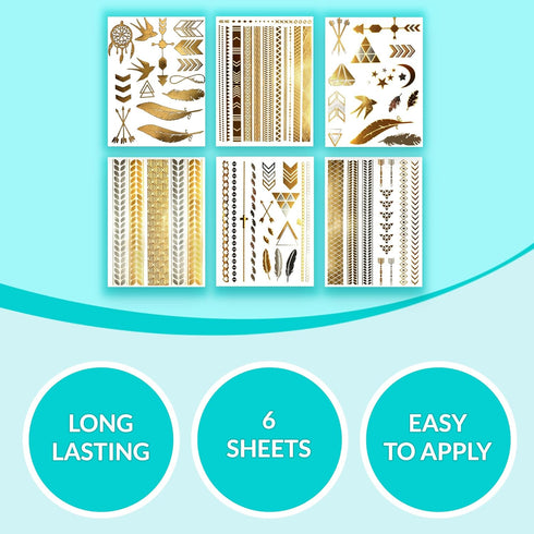 Terra Tattoos Gold Metallic Tattoo Flash Sheets, Waterproof Nontoxic Designs for Festivals and Parties