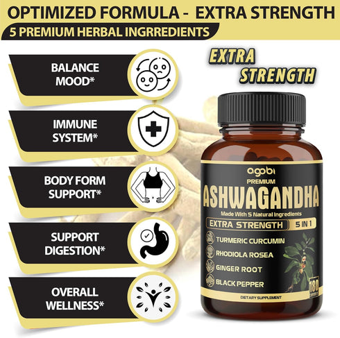 5in1 Premium Ashwagandha Capsules with Turmeric, Rhodiola Rosea, Ginger, Black Pepper - 180 Caps for 6 Months