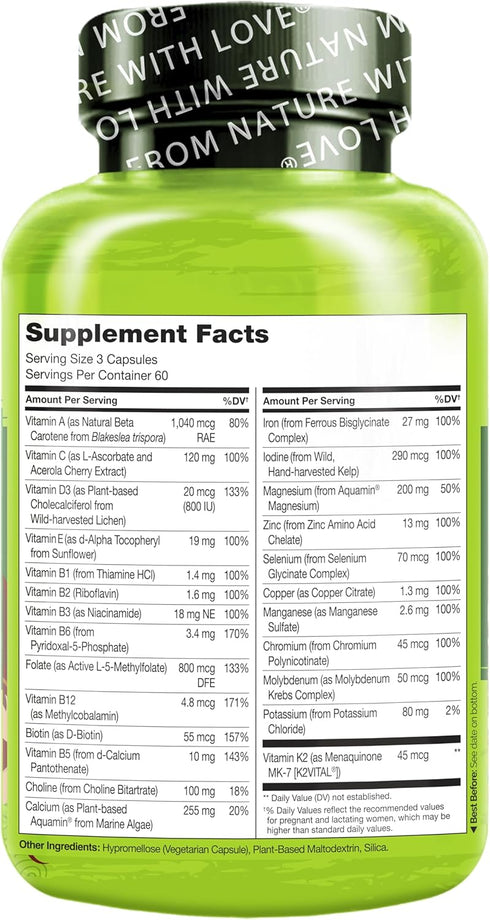 NATURELO Prenatal Multivitamin with Gentle Chelated Iron, Methyl Folate, Plant Calcium & Choline - Vegan, 180 Capsules