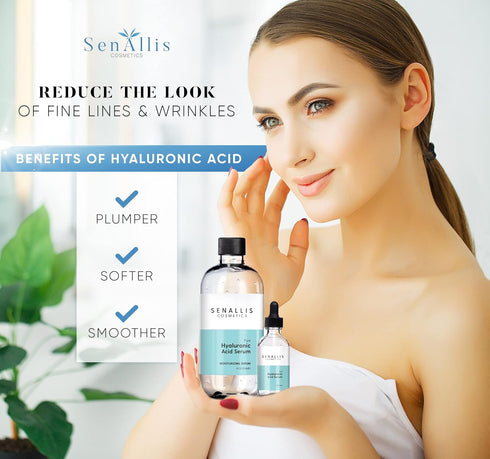 Hyaluronic Acid Serum, 8 fl oz and 2 fl oz, Ultra-Hydrating Moisturizer Made in USA