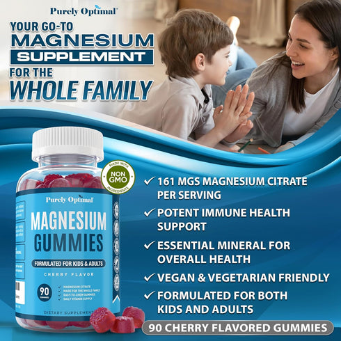 Purely Optimal Magnesium Citrate Gummies - 90 Gummies for Kids & Adults, Delicious Cherry Flavor for Sleep & Muscle