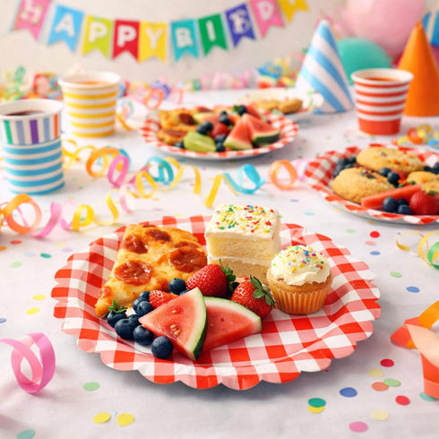 sunepany 50 9 Inch, Pcs Red Paper Plates Gingham Scalloped Disposable Plates for Party Christmas Birthday BBQ