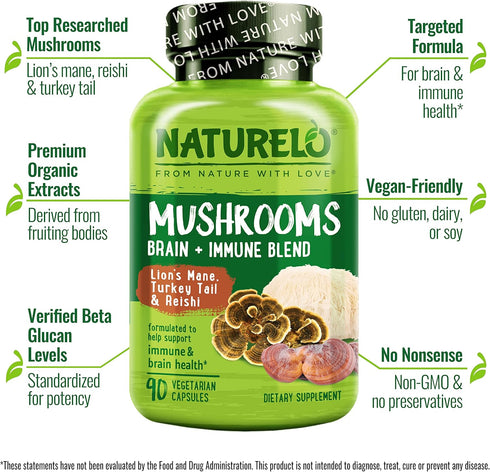NATURELO Mushroom Supplement for Brain & Immune Health with Lion’s Mane, Reishi, Turkey Tail - 90 Vegan Capsules