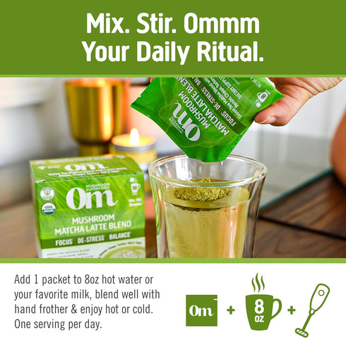 Packets (10 Count) OM MUSHROOM SUPERFOOD Matcha Latte Blend Green Tea Mushroom Powder with Lions Mane, Reishi, Chaga