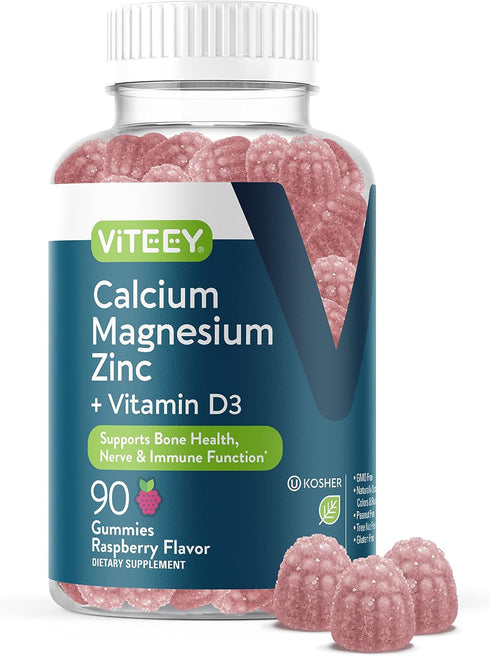 Gummies with Calcium Magnesium Zinc and Vitamin D3 - Supports Bone Health & Immune Function - Raspberry Flavor