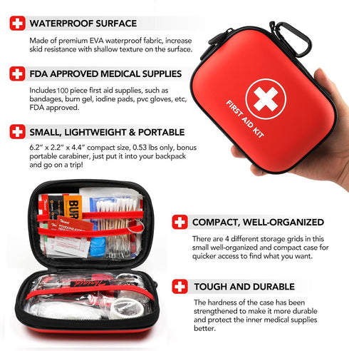 Mini First Aid Kit, 100 Pieces Water-Resistant Hard Shell Small Case for Travel, Outdoor, Home, Office, Camping, Hiking