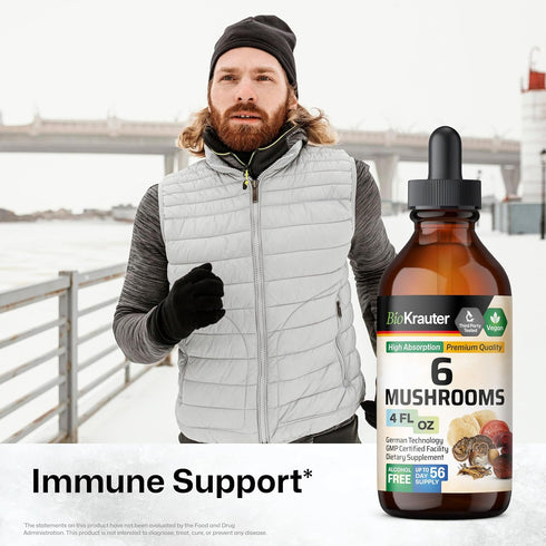 BIO KRAUTER 6-in-1 Mushrooms Supplement - Liquid Extract of Lions Mane, Shiitake, Turkey Tail, Cordyceps, Reishi &