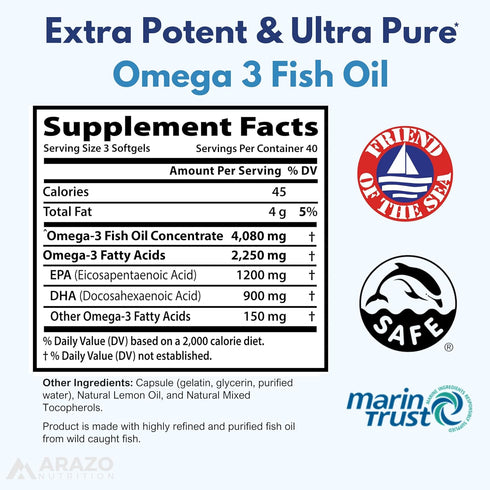 Omega-3 4,080mg 1200mg 900mg 120 Arazo Nutrition Wild Caught Fish Oil Concentrate per Serving High EPA & DHA Burpless