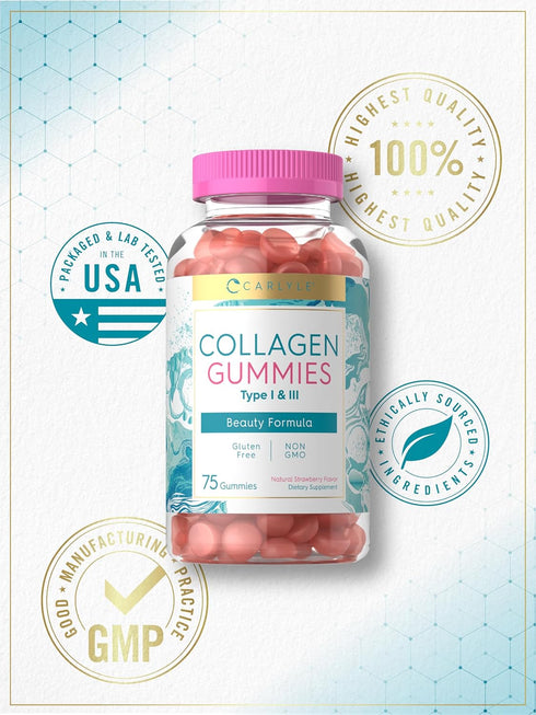 Carlyle Collagen Gummies - Strawberry Flavor Beauty Supplement with Hydrolyzed Collagen Peptides for Women & Men