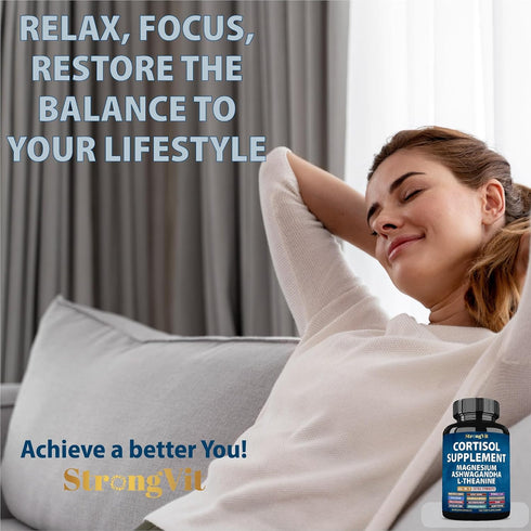 StrongVit Cortisol Supplements for Women and Men with Magnesium, Ashwagandha & L-Theanine. High Cortisol Reducer