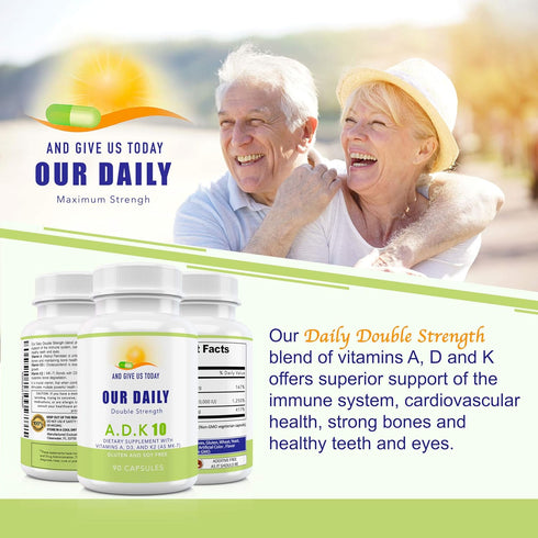 Our Daily Vites ADK 10 Double Strength Vitamins A1, D3 & K2, Gluten Free Immune Support Supplement, 90 Capsules
