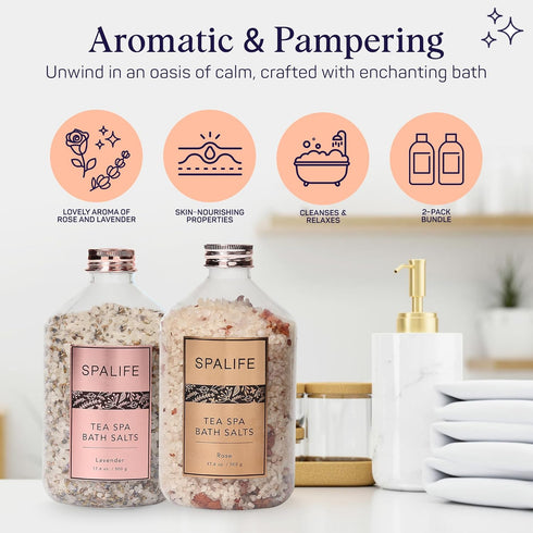 SpaLife Tea Spa Petal-Infused Mineral Bath Salts, Lavender & Rose, 2-Pack 17.6 oz. for Relaxing Soaks