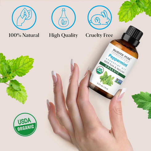 Majestic Pure USDA Organic Peppermint Essential Oil | 100% Pure Mint Oil for Aromatherapy, Skincare & Hair Care | 0.33