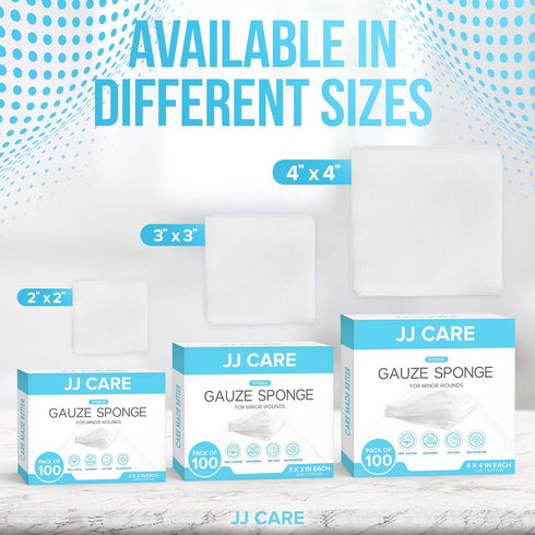 JJ CARE Sterile Gauze Pads 2" x 2" (Pack of 100), 12-Ply Cotton, Individually-Wrapped for First Aid Kit & Wound Care