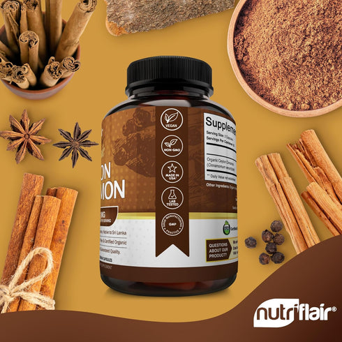 NutriFlair Organic Ceylon Cinnamon Supplement, 1200mg, 120 Capsules, Non-GMO, Gluten Free, Antioxidant
