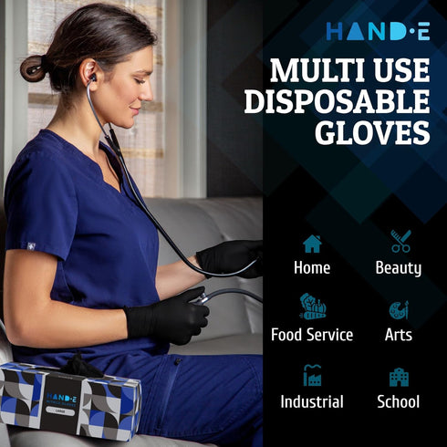 Hand-E Touch Black Nitrile Disposable Gloves - Latex Free for BBQ, Cooking, Tattoo, and Mechanic Use