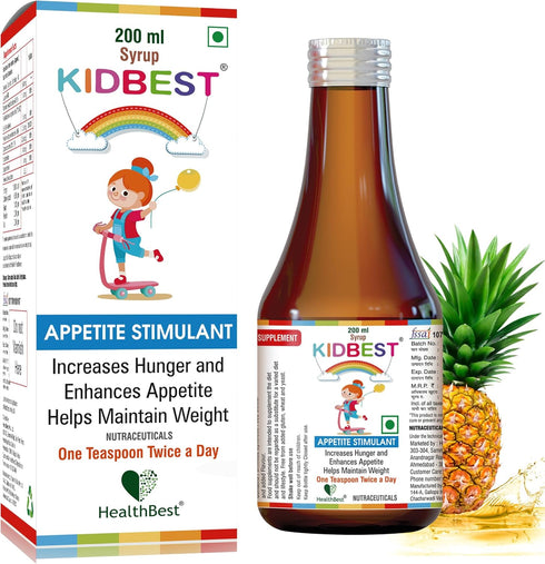 Kidbest Appetite Stimulant Syrup, 200 ml, for Kids 3-13 Yrs, Gluten Free, L-Lysine HCI, Vitamins B1, B2, B6, B12