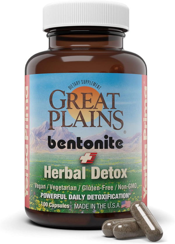 Yerba Prima Bentonite Clay Plus Herbal Detox, 100 Veg Capsules - Food Grade Colon & Liver Cleanse Supplement