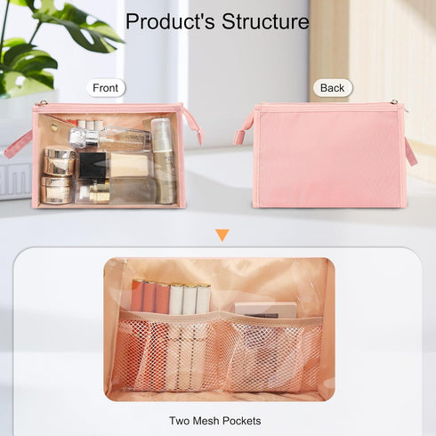 MONSTINA Clear Makeup Bag, Large Capacity Portable Travel Cosmetic Case, Waterproof Toiletry Bag, Pink