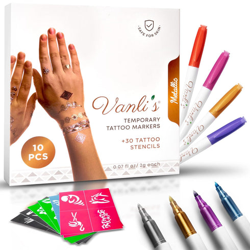 Vanli's Metallic Temporary Tattoo Markers, 10 Pens with 30 Stencils, Stocking Stuffers for Kids, Women, Boys, Girls