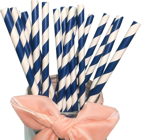 Navy Blue Striped Paper Drinking Straws, Disposable Retro Swirl Straws for Lemonade, Water, Juice, Nautical Party