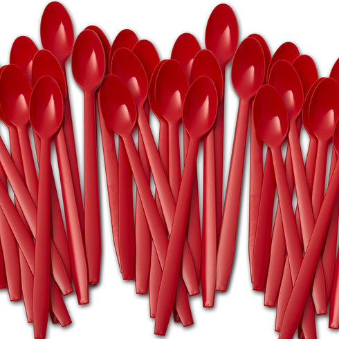 Extra Long Red 8in Premium Sundae Spoons - 50ct Heavy Duty Disposable Plastic Utensils for Ice Cream