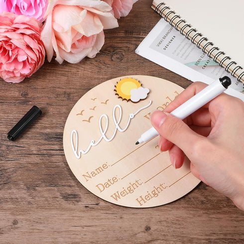 TIESOME 5.9'' Wooden Baby Announcement Sign, Hello World Newborn Announcement Sign, Lovely Babies Name Plaques Birth