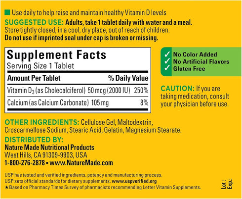 Vitamin D3, 220 Tablets, Vitamin D 2000 IU (50 mcg) Helps Support Immune Health, Strong Bones and Teeth, & Muscle Function, 250% of Daily Value for Vitamin D in One Daily Tablet