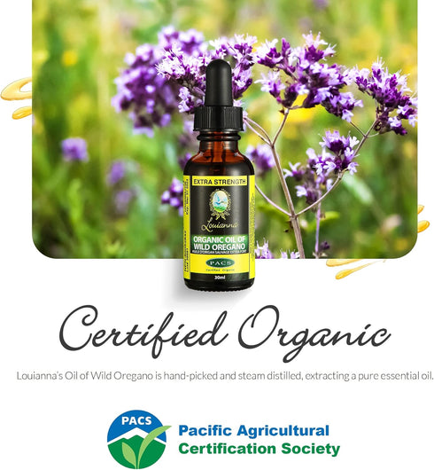 Louianna Organic Wild Oregano Oil Drops, Pure Oil of Oregano with 80% Carvacrol, 30 mL