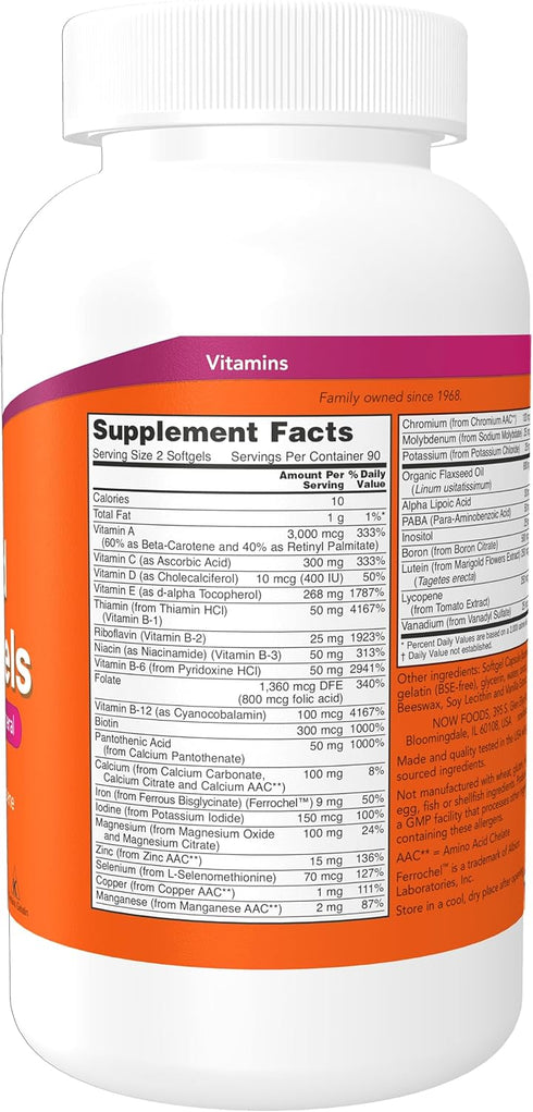 NOW Supplements, Liquid Multi Gels with Lutein and Lycopene, plus Flax Seed Oil, 180 Softgels