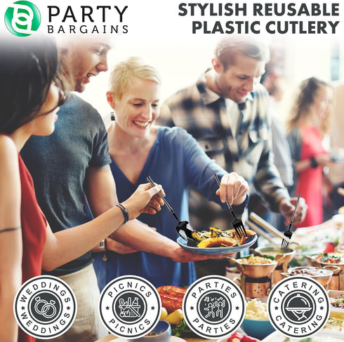 Party Bargains Disposable Plastic Black Cutlery Set, 40 Pack: 16 Forks, 8 Knives, 16 Spoons