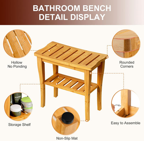 Bamboo Shower Bench Stool with Storage Shelf, Waterproof Shower Chair for Indoor or Outdoor Use, Bathroom Bench Seat