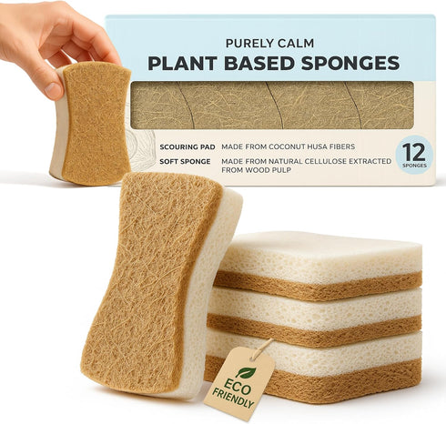 Pack 12 Plant Based Natural Sponge - of Cellulose Sponges, Safe on Non-Stick Cookware, Dual Sided Dish Sponge