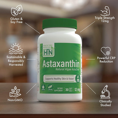 Health Thru Nutrition Astaxanthin Triple Strength 12mg 30 Softgels | AstaZine from Algae for Skin and Vision Support