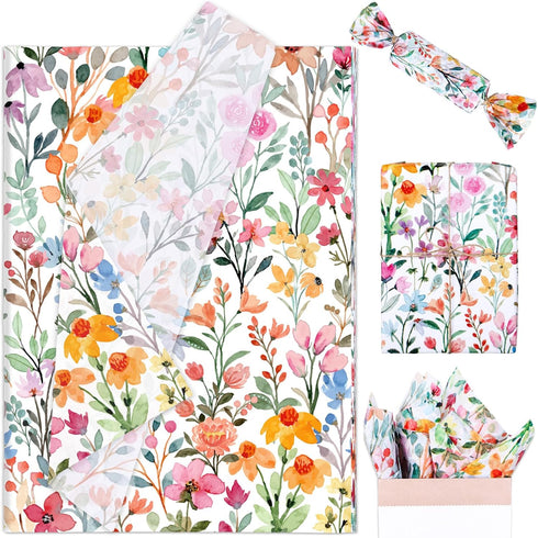 Whaline 100 Sheets Floral Tissue Paper, 13.7 x 19.6 Inch Watercolor Flower Gift Wrapping for Spring Weddings