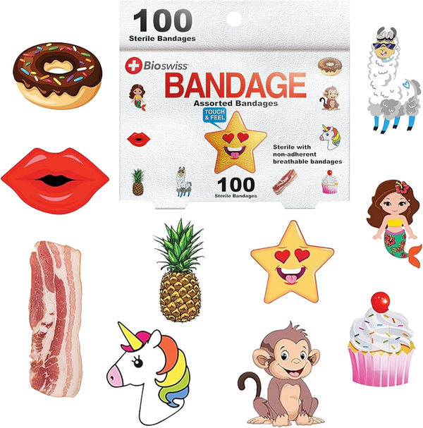 BioSwiss Assorted Animal Bandages - Fun and Food Shaped Self Adhesive Latex Free Sterile Wound Care, 100 Count