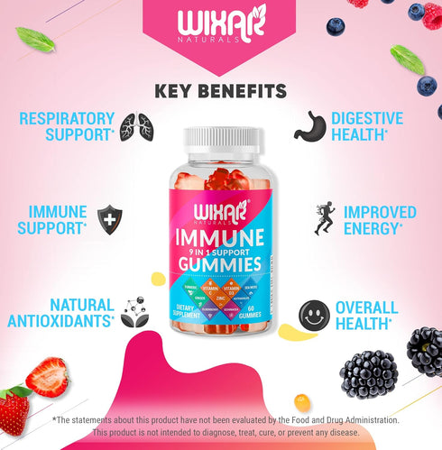 9 in 1 Immune Support Gummies with Elderberry, Vitamin C&D, Zinc, Turmeric, Ginger, 60 Gummies for Immunity Supplement