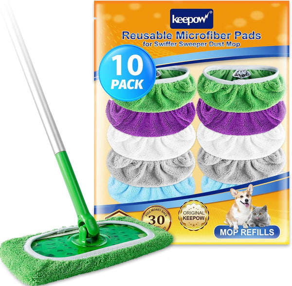 KEEPOW 10 Pack Reusable Microfiber Mop Pads for Swiffer Sweeper Mop - Washable Wet Pad Refills for Hardwood Floor