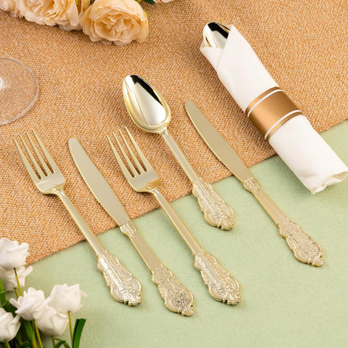 150PCS Gold Plastic Silverware - Heavy Duty Disposable Utensils for 50 Guests, Perfect for Weddings or Parties