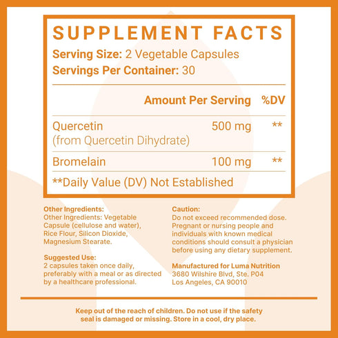 Luma Nutrition Quercetin 500mg - Quercetin with Bromelain, Antioxidant, Immune Support - 60 Capsules