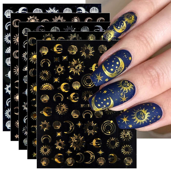 JMEOWIO 10 Sheets Moon Star Sun Nail Art Stickers, Colorful Self-Adhesive Decals for Nail Design Accessories
