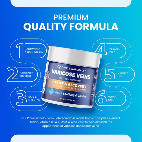 OWELL NATURALS Varicose Vein Cream for Legs - 2oz Maximum Strength All Natural Discomfort Reliever for Muscle