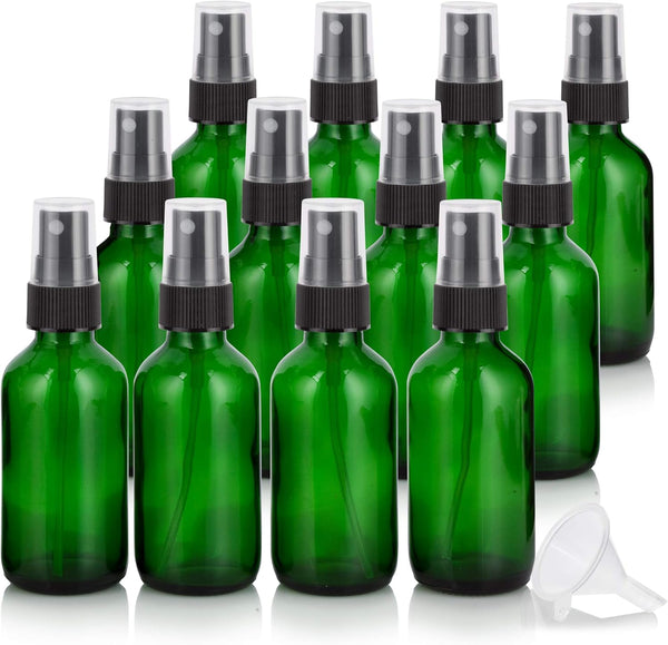 JUVITUS 2 oz Green Glass Boston Round Bottle with Black Fine Mist Spray, 12 Pack + Funnel