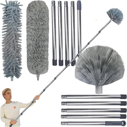 20+ Feet High Reach Duster Kit with 3-14 ft Extension Pole for Cleaning Fan, Spider Web, High Ceiling, Furniture