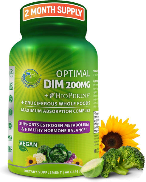 Optimal DIM 200mg Supplement for Women and Men - Organic Whole Foods Estrogen & Hormone Balance, 60 Count