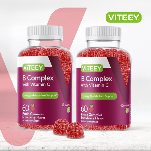 Vitamin B Complex Gummies for Adults with Vitamin C, B6, B12, Niacinamide, Folic Acid, Biotin, Calcium - Supports Energy & Metabolism - Vegan, Gluten Free, Gelatin Free - Chewable Strawberry Flavored