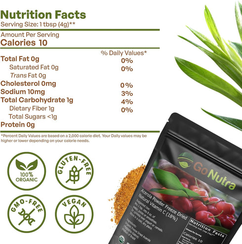 Go Nutra Organic Acerola Powder - Freeze Dried 18% Vitamin C Powder from Brazil - 8oz